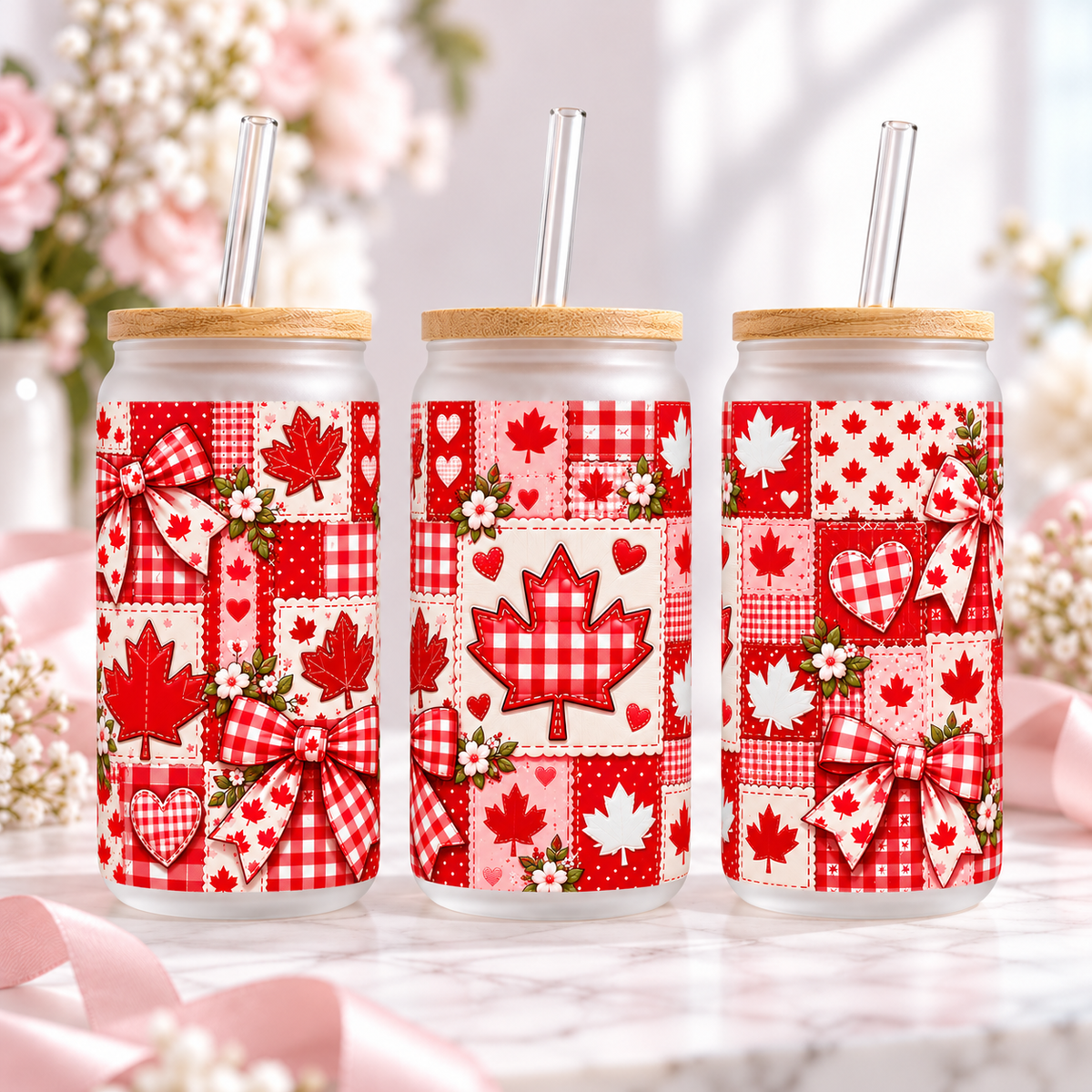 Canadian Patchwork frosted 16oz glass can