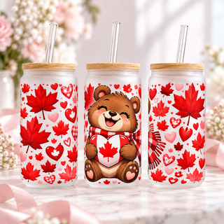 Maple Heart Bear frosted 16oz glass can