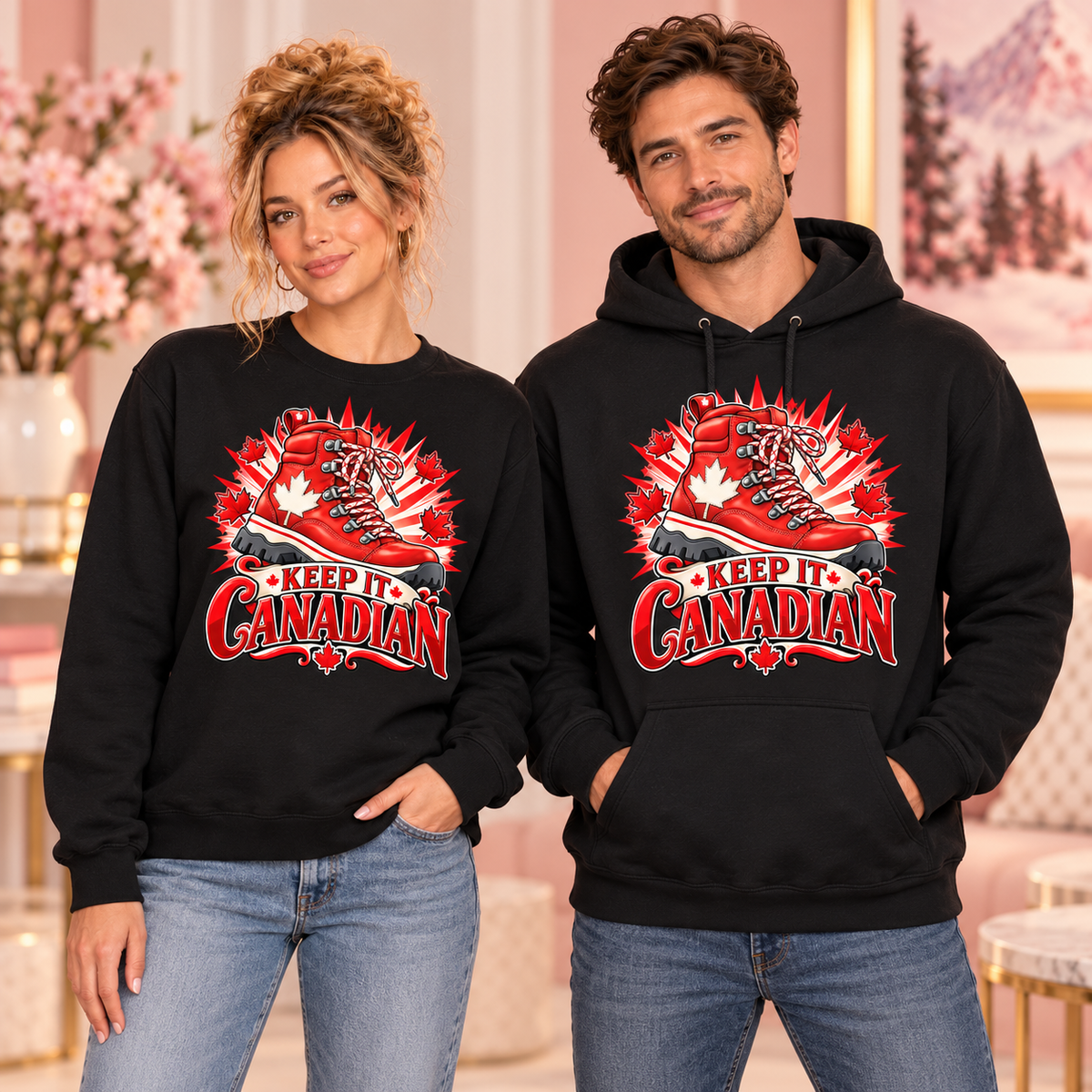Keep It Canadian black crewneck sweatshirt and hoodie