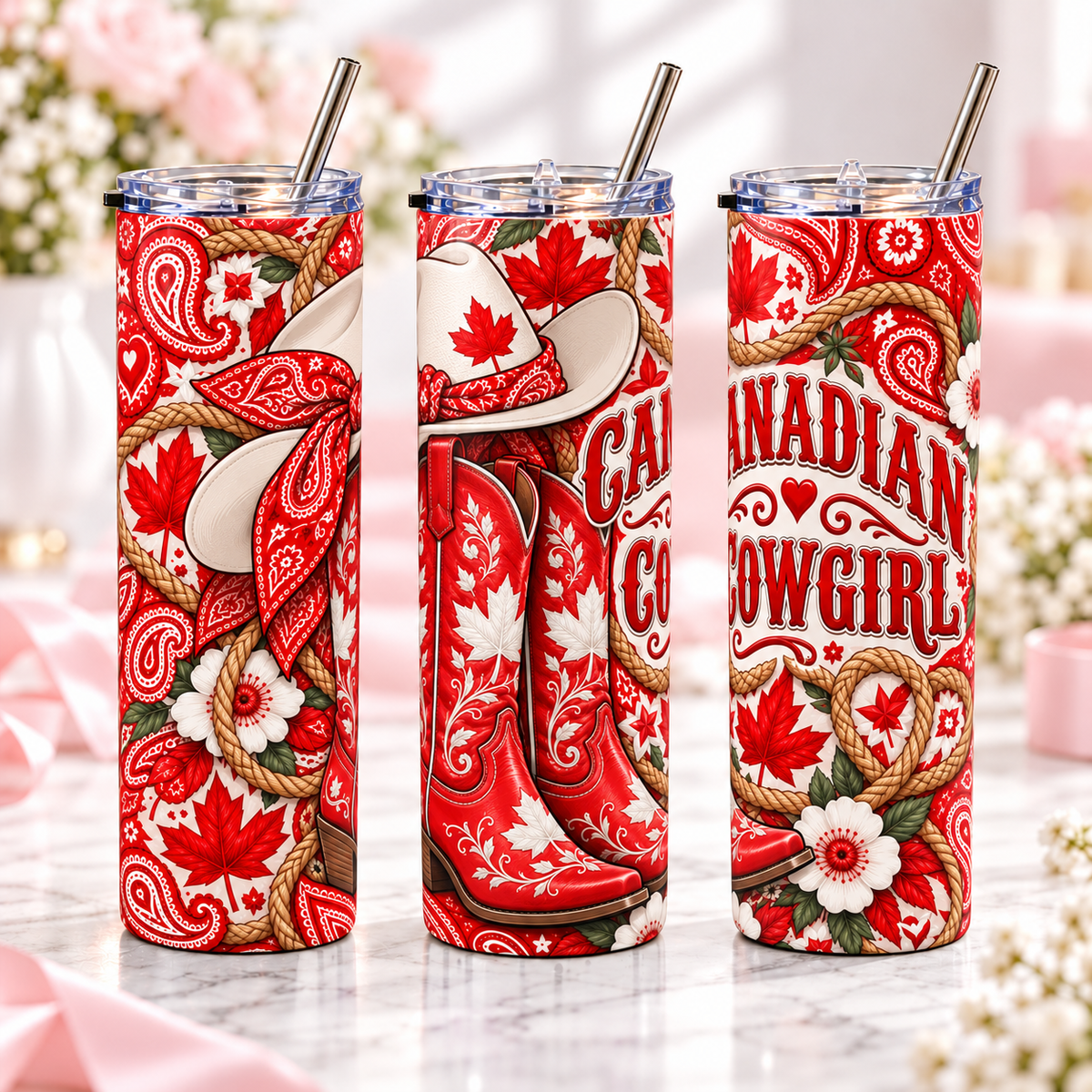 Canadian Cowgirl 20oz metal tumbler, complementary views of one design