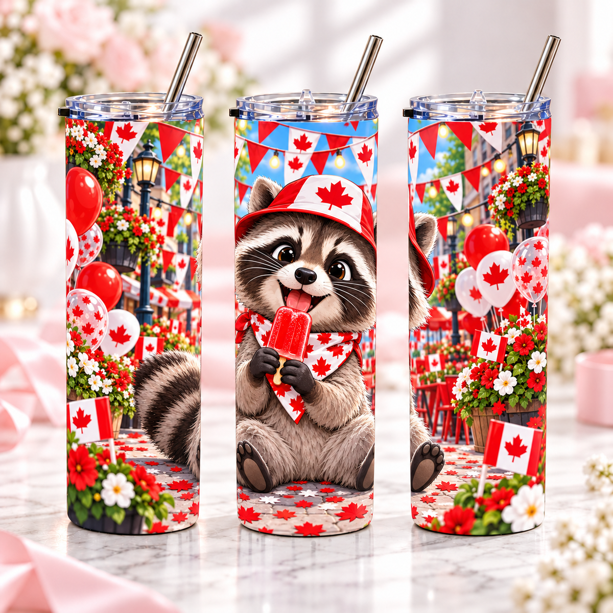 Party Raccoon 20oz metal tumbler, complementary views of one design