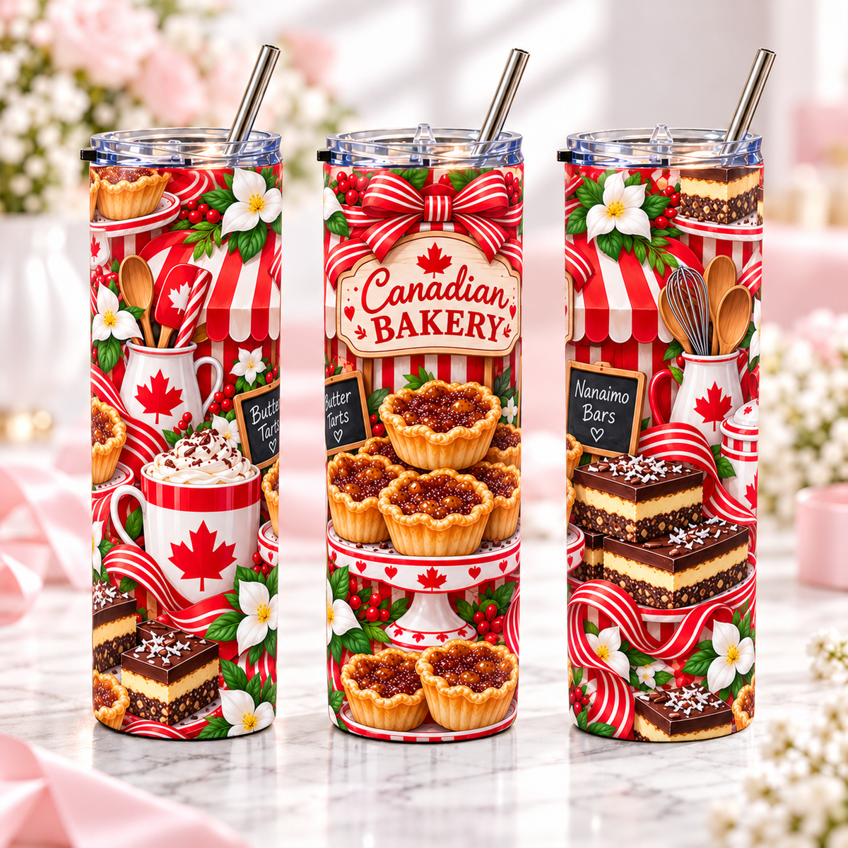 Canadian Bakery 20oz metal tumbler, complementary views of one design