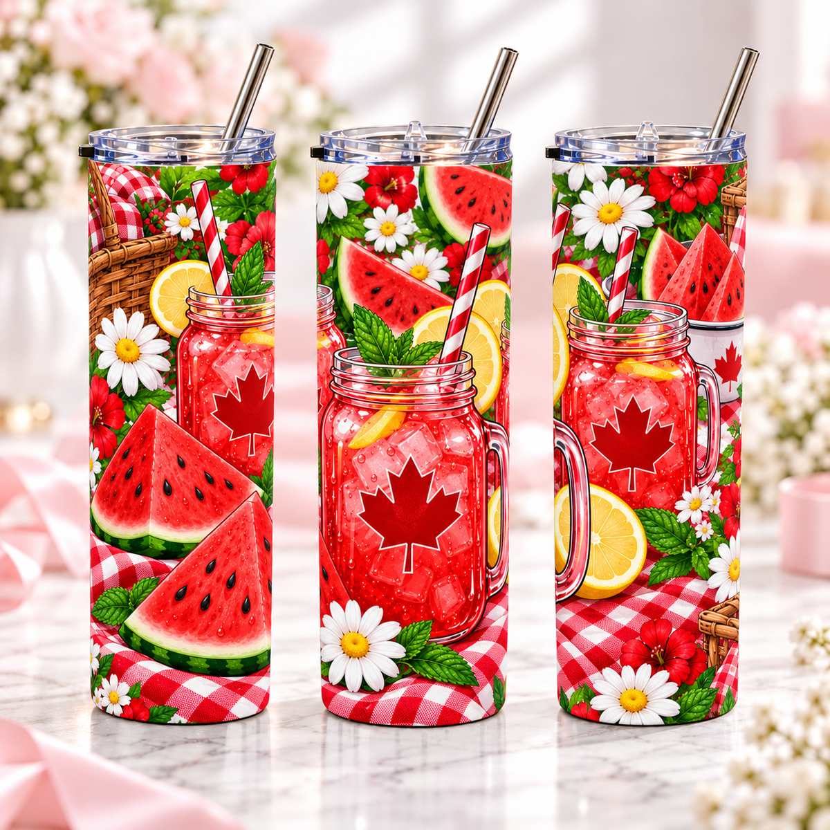 Summer Picnic 20oz metal tumbler, complementary views of one design