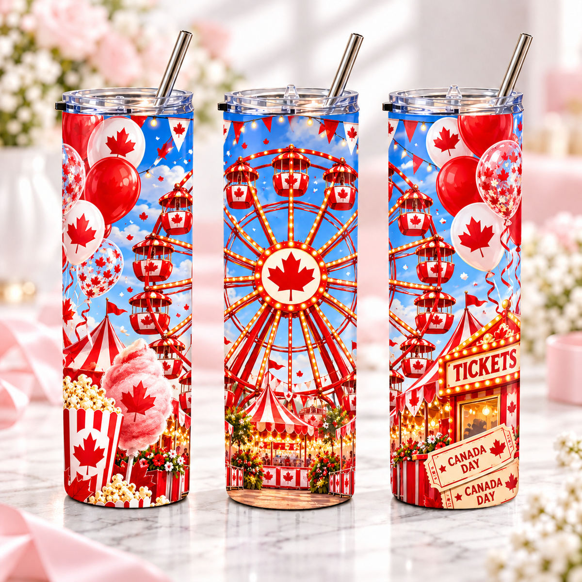 Canada Carnival 20oz metal tumbler, complementary views of one design