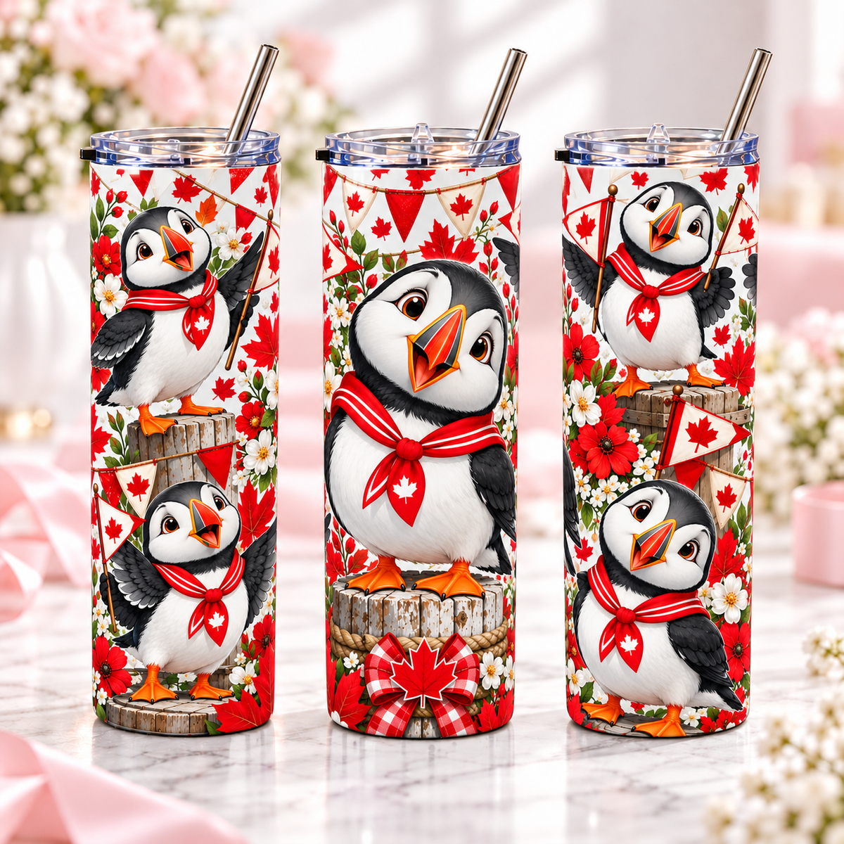 Canadian Puffins 20oz metal tumbler, complementary views of one design