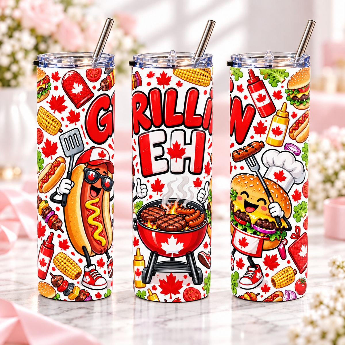 Grillin’ Eh 20oz metal tumbler, complementary views of one design
