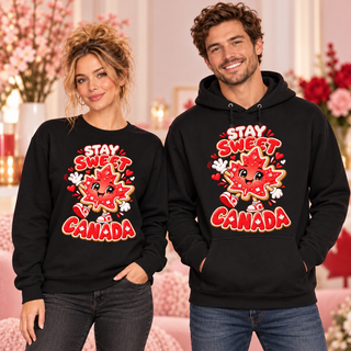 Stay Sweet Canada black crewneck sweatshirt and hoodie