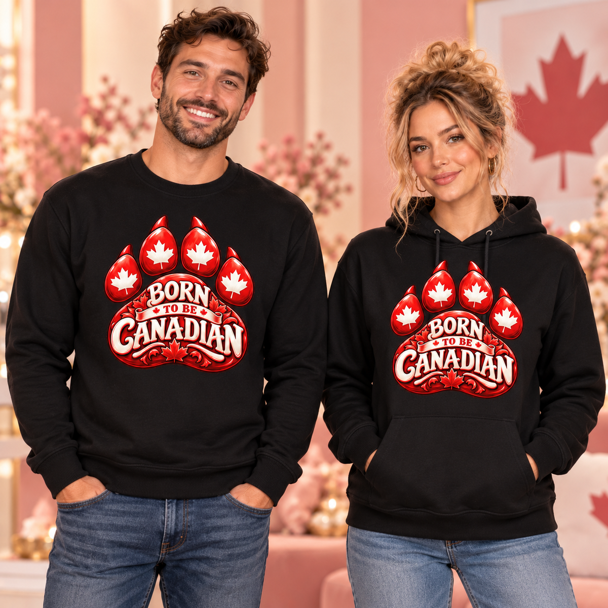 Born to Be Canadian black crewneck sweatshirt and hoodie