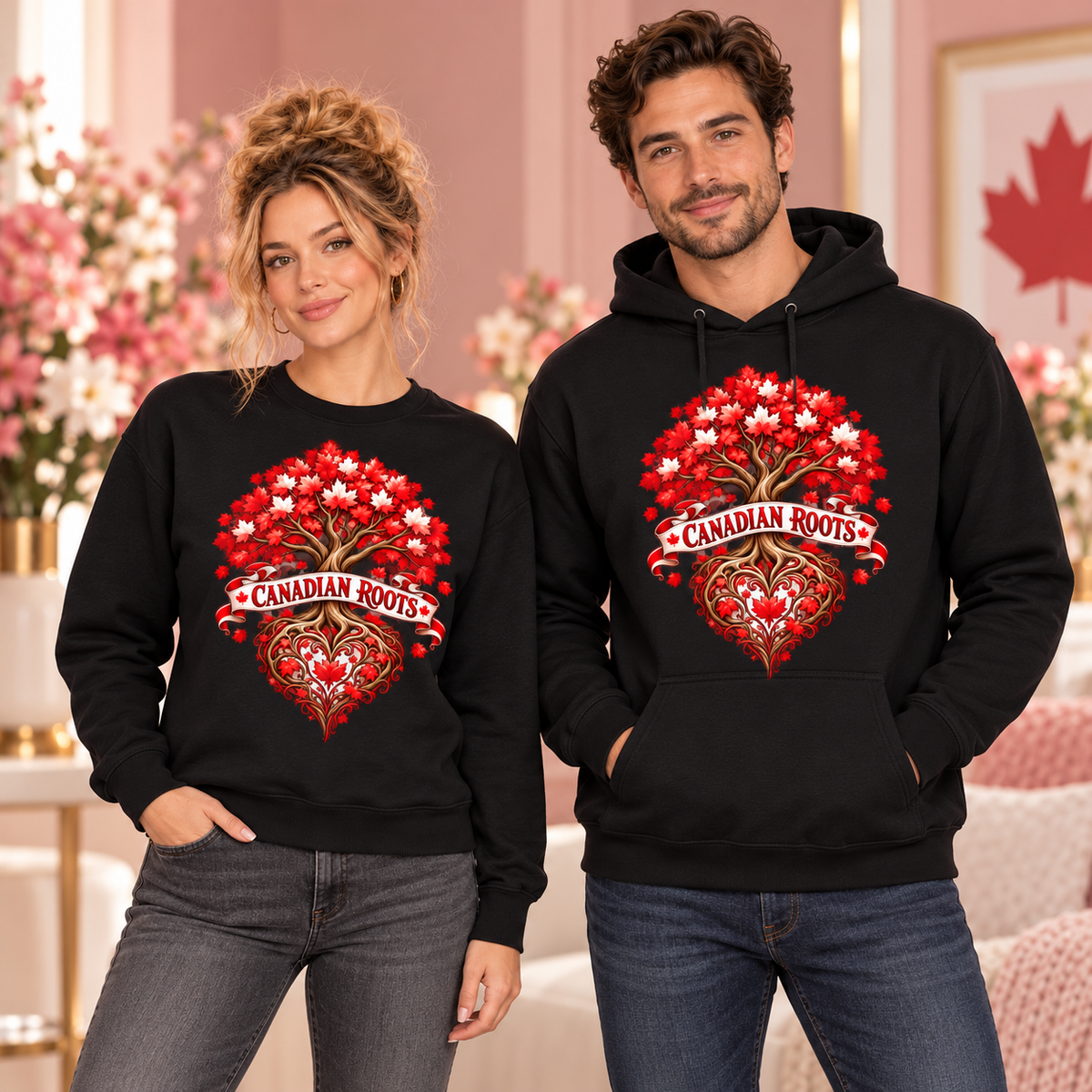 Canadian Roots black crewneck sweatshirt and hoodie