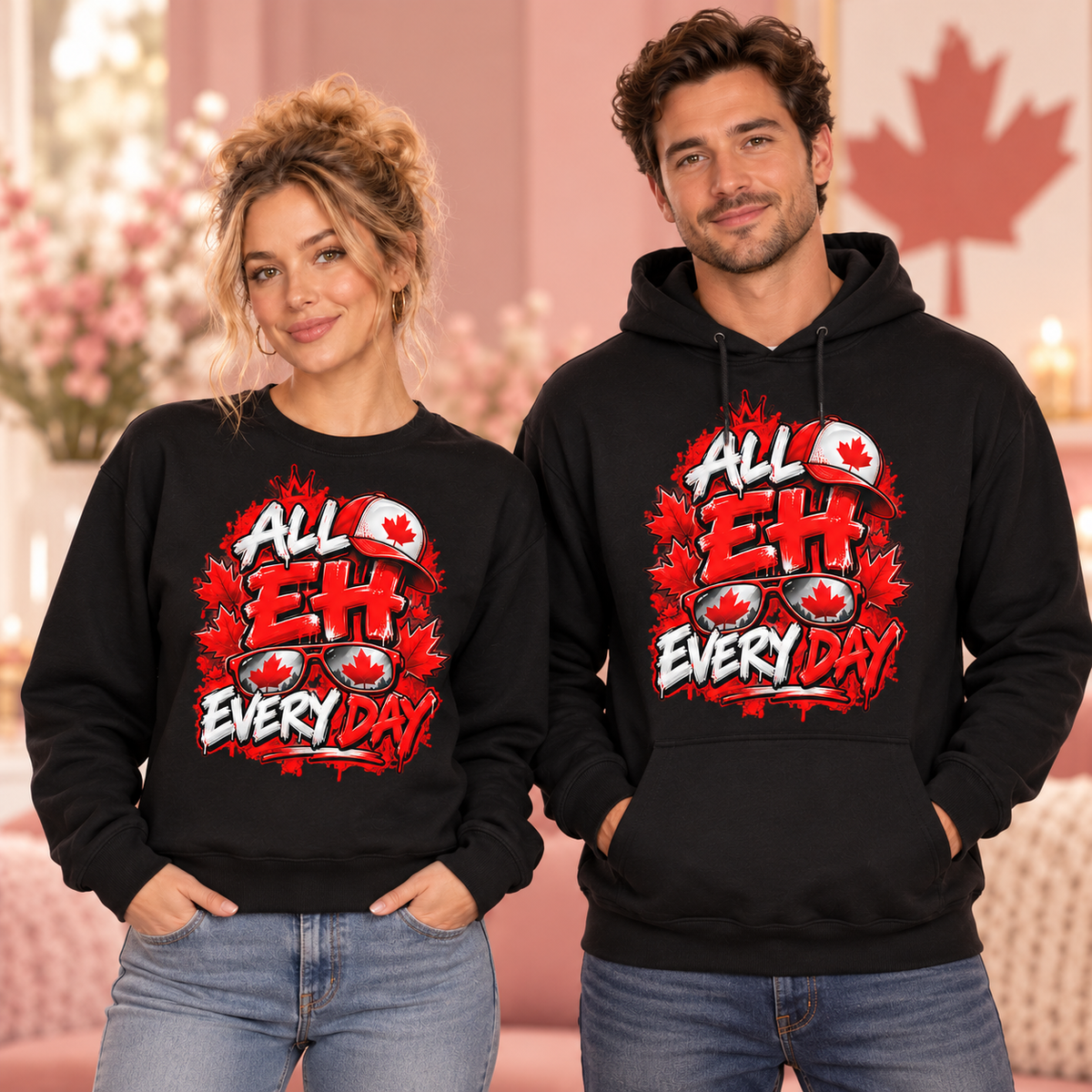 All Eh Every Day black crewneck sweatshirt and hoodie