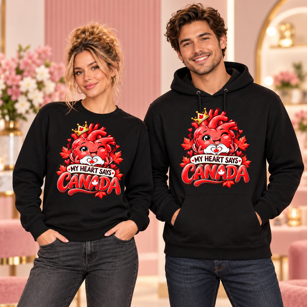My Heart Says Canada black crewneck sweatshirt and hoodie