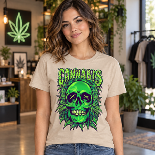 Cannabis Skull graphic on a beige T-shirt