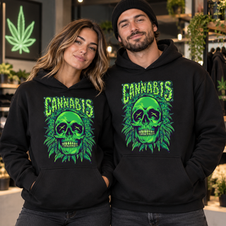 Cannabis Skull Graphic Apparel on Black Hoodie