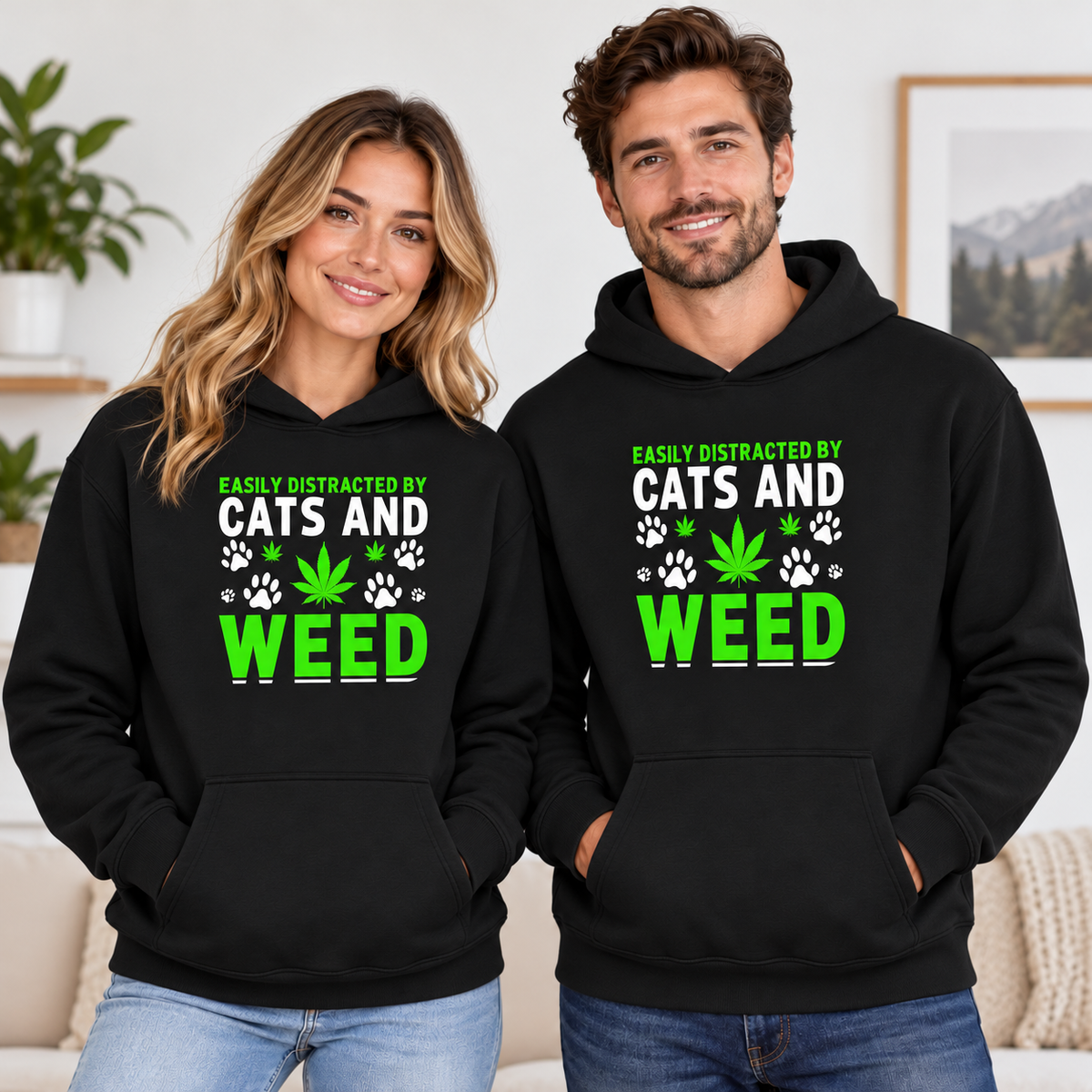 Easily Distracted By Cats And Weed Graphic Apparel on Black Hoodie