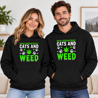 Easily Distracted By Cats And Weed Graphic Apparel on Black Hoodie