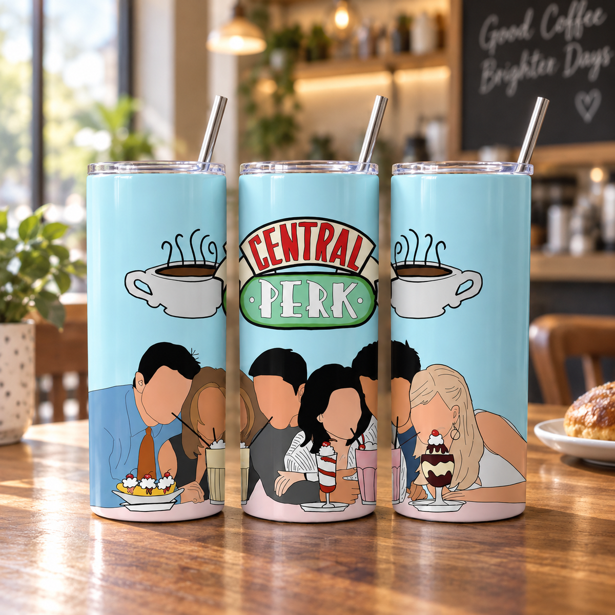 Central Perk Inspired 20oz Skinny Tumbler – three-tumbler realistic lifestyle mockup