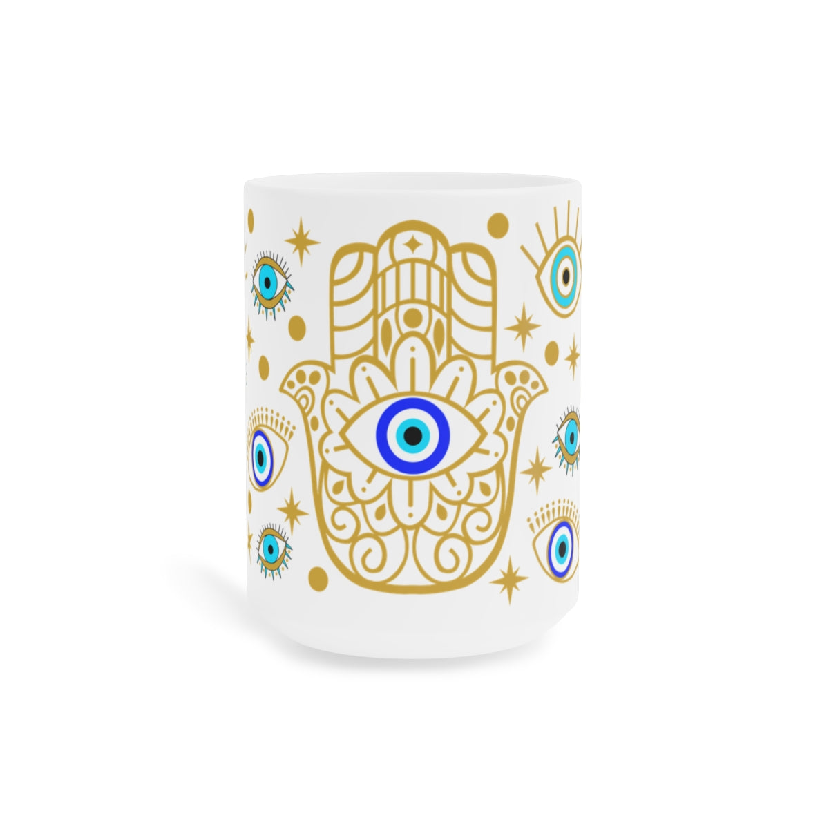Hamsa Evil Eye ceramic mug with blue protection symbols
