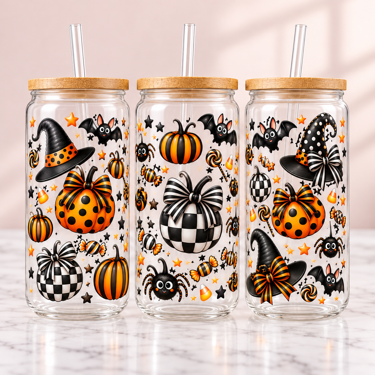 Checker & Polka Dot Pumpkin Halloween Glass Can Tumbler — clear; complementary views of one product