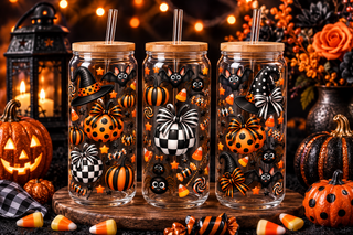 Checker & Polka Dot Pumpkin Halloween Glass Can Tumbler – alternate lifestyle view