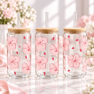 Cherry Blossom Glass Can with Bamboo Lid & Glass Straw — clear; complementary views of one product