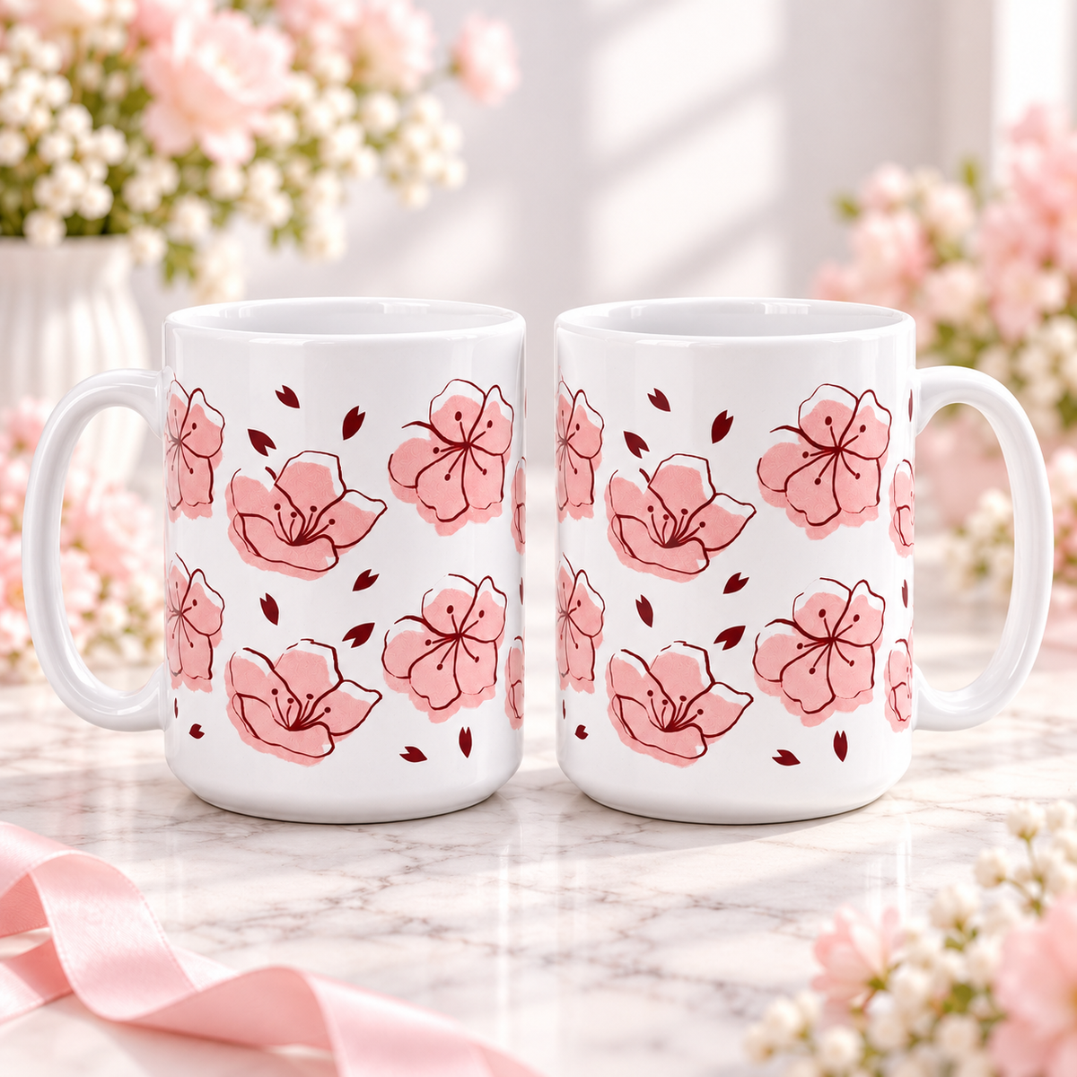 Blush Cherry Blossom Mug – Pink Sakura Floral Coffee Cup — mug; complementary views of one product