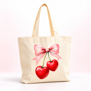 Cherry Hearts & Pink Bow Canvas Tote – Cute Coquette Bag — product mockup