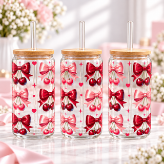 Cherry & Pink Bow Glass Can with Bamboo Lid & Glass Straw — clear; complementary views of one product