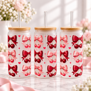 Cherry & Pink Bow Glass Can with Bamboo Lid & Glass Straw — frosted; complementary views of one product