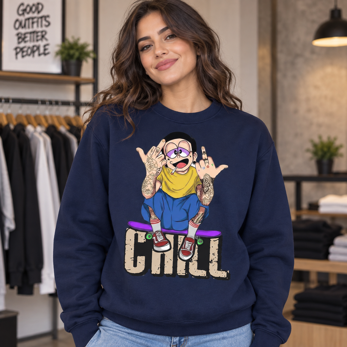 Chill Streetwear on Navy Crewneck