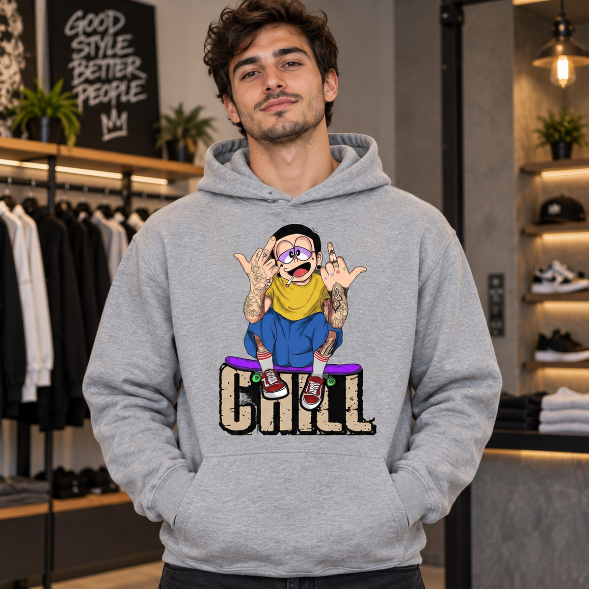 Chill Streetwear on Grey Hoodie