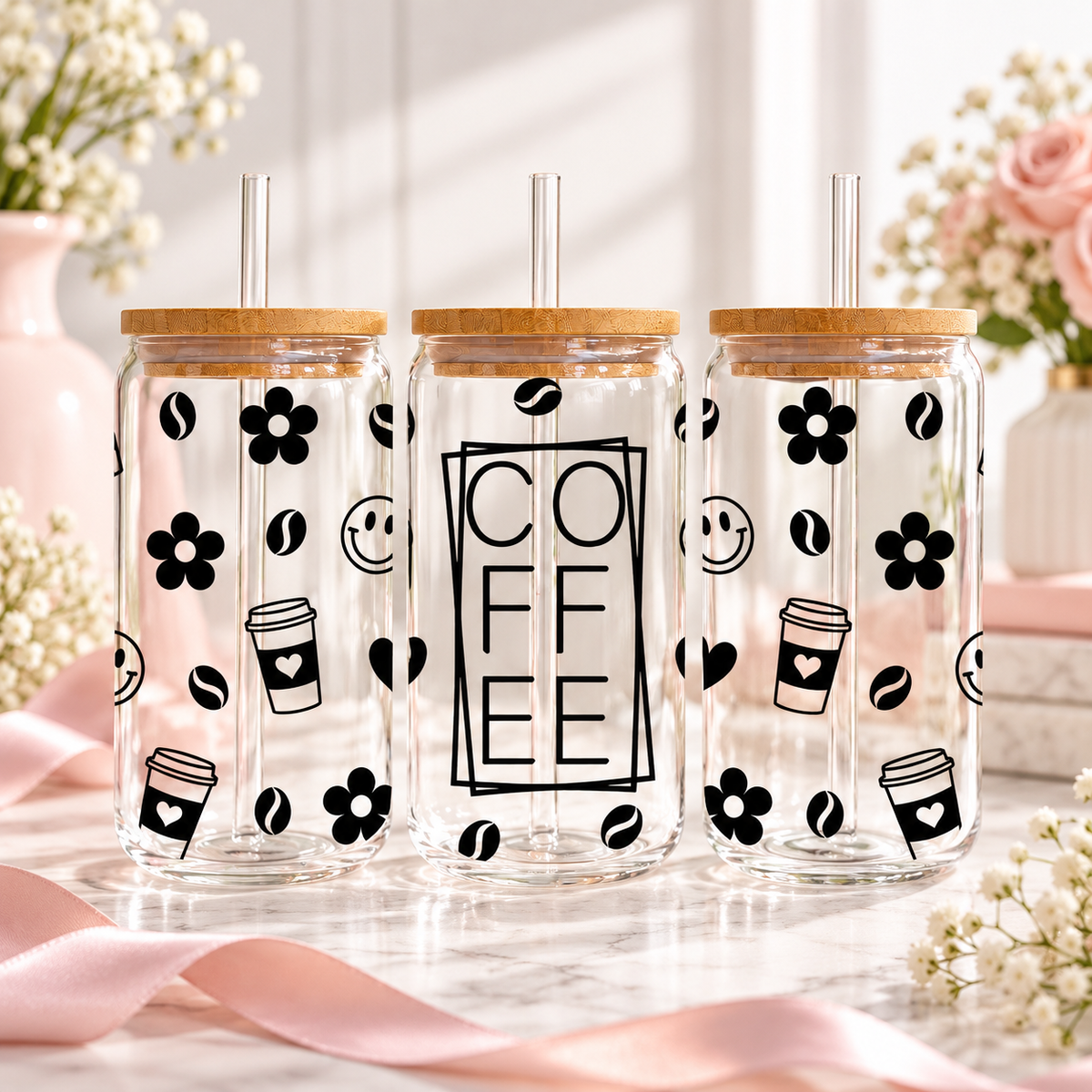 Coffee Glass Can with Bamboo Lid & Glass Straw — clear; complementary views of one product
