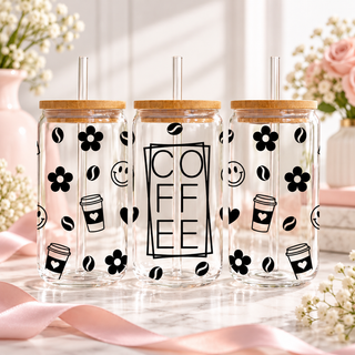 Coffee Glass Can with Bamboo Lid & Glass Straw — clear; complementary views of one product