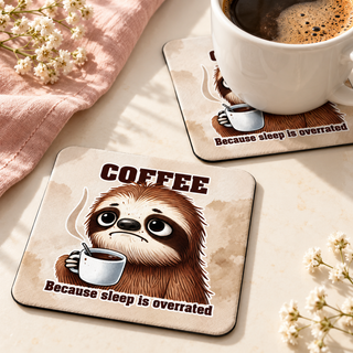Coffee Because Sleep Is Overrated Sloth Square coaster set of two with thin black rubber backing