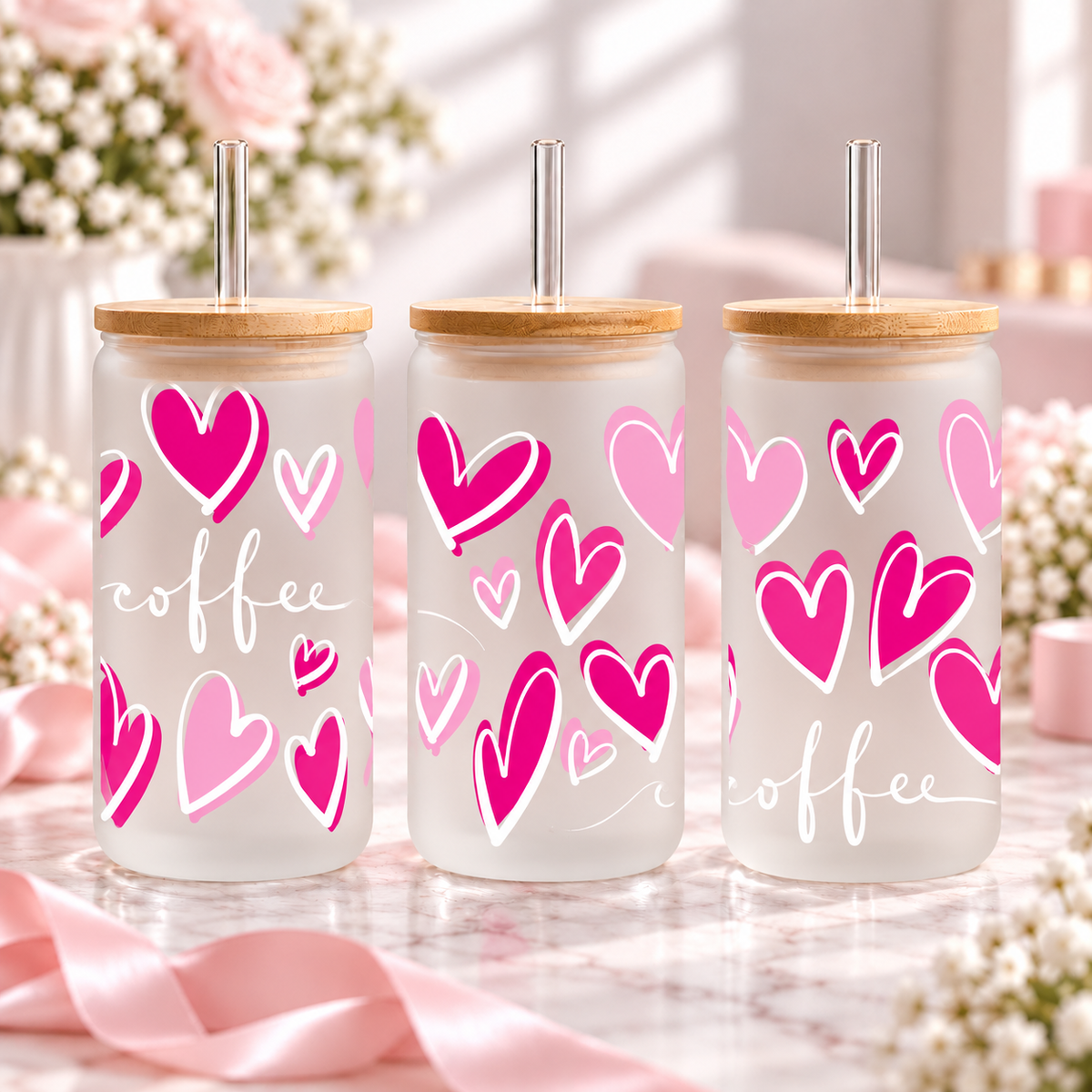 Coffee Hearts Glass Can with Bamboo Lid & Glass Straw — frosted; complementary views of one product