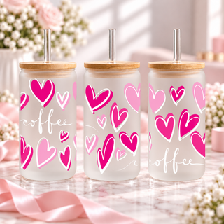 Coffee Hearts Glass Can with Bamboo Lid & Glass Straw — frosted; complementary views of one product