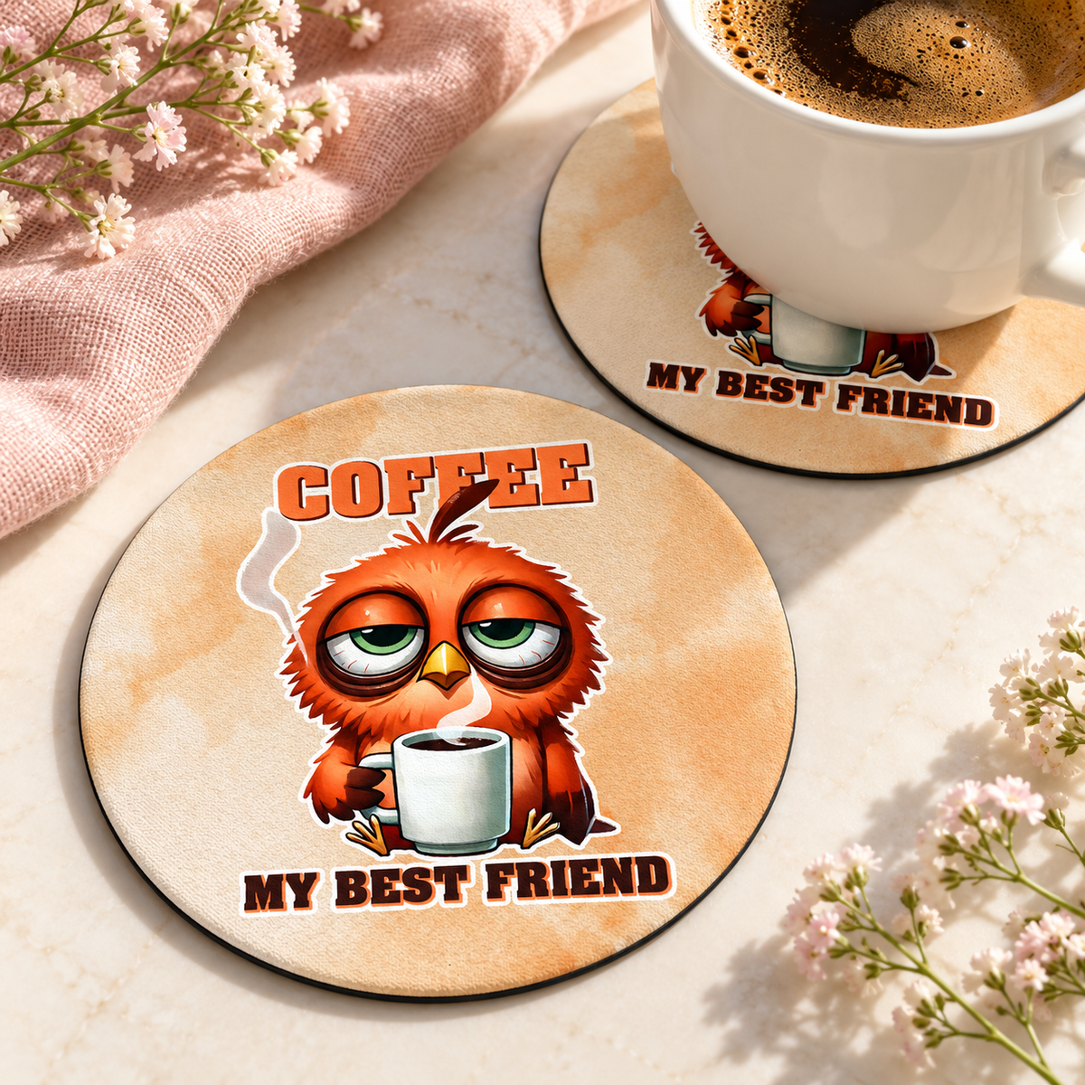 Coffee My Best Friend Orange Owl Round coaster set of two with thin black rubber backing