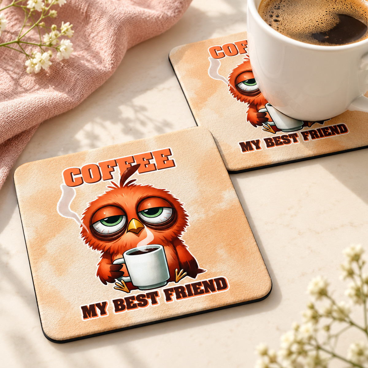 Coffee My Best Friend Orange Owl Square coaster set of two with thin black rubber backing