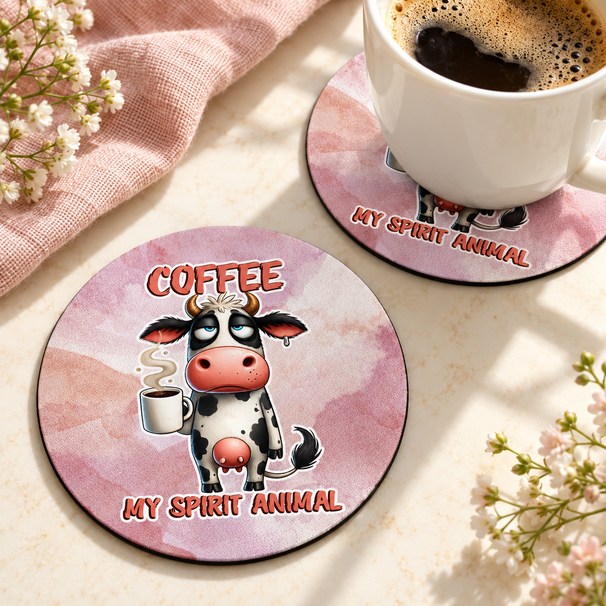 Coffee My Spirit Animal Cow Round coaster set of two with thin black rubber backing