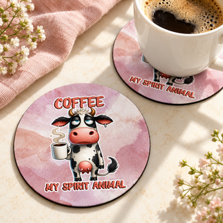 Coffee My Spirit Animal Cow Round coaster set of two with thin black rubber backing