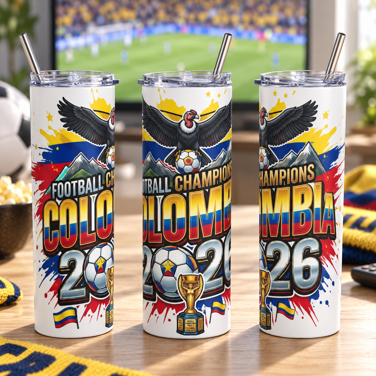 Colombia 2026 Football Tumbler – Insulated Soccer Fan Cup – three-tumbler realistic lifestyle mockup