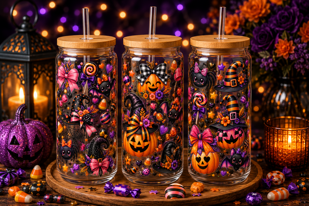 Colorful Bows & Pumpkins Halloween Glass Can Tumbler – alternate lifestyle view