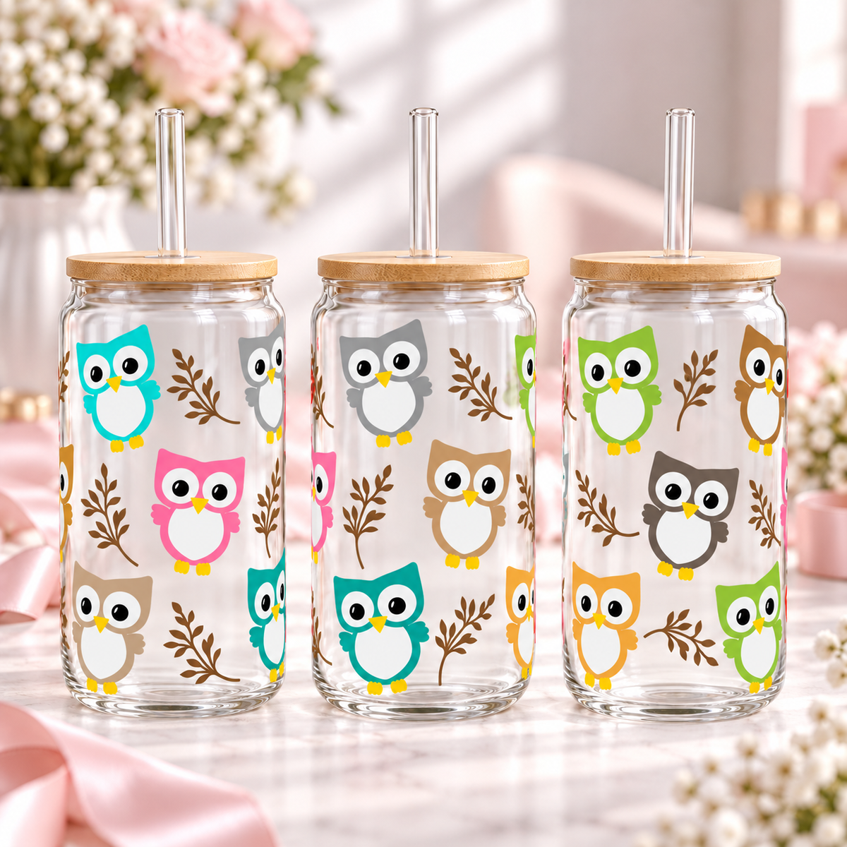 Colourful Woodland Owls clear 16oz glass can — three views; listing includes one cup