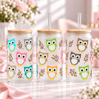 Colourful Woodland Owls frosted 16oz glass can — three views; listing includes one cup