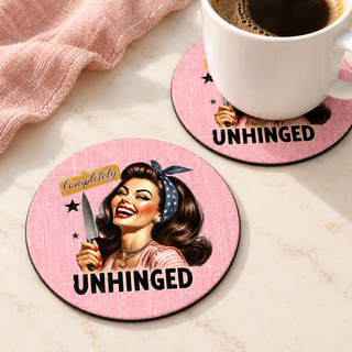 Completely Unhinged – Retro Kitchen round coaster set of two with thin black rubber backing