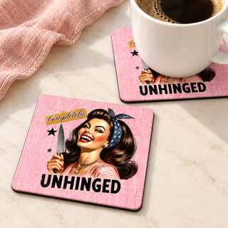 Completely Unhinged – Retro Kitchen square coaster set of two with thin black rubber backing
