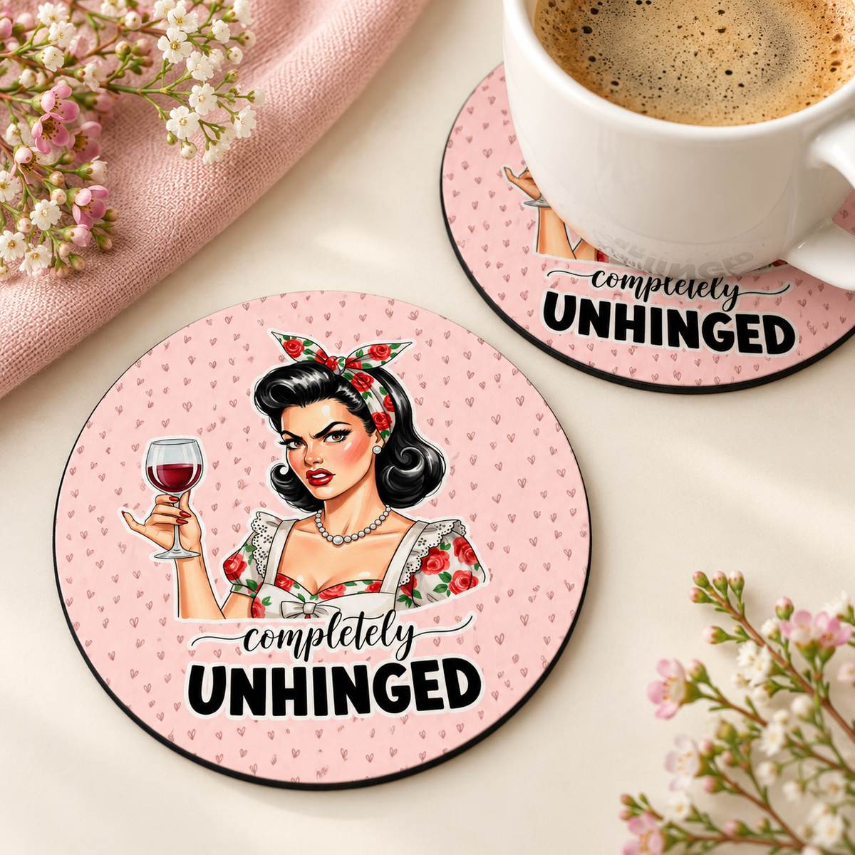 Completely Unhinged – Retro Wine round coaster set of two with thin black rubber backing