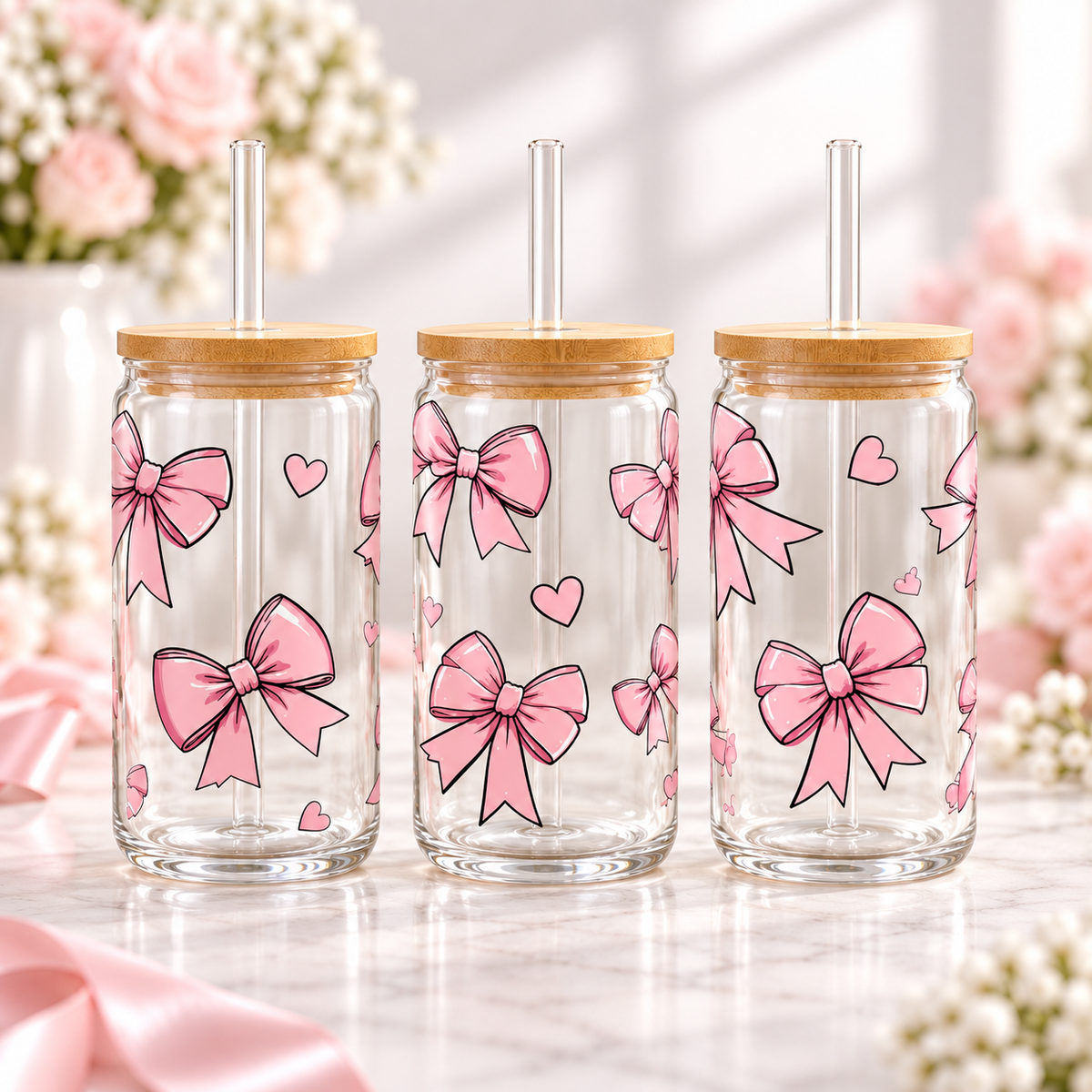 Coquette Pink Bow Glass Can with Bamboo Lid & Glass Straw — clear; complementary views of one product