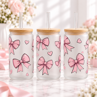 Coquette Pink Bow Glass Can with Bamboo Lid & Glass Straw — frosted; complementary views of one product
