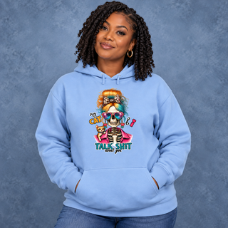 My Cat & I Talk Shit About You women’s light-blue hoodie mockup