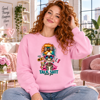 My Cat & I Talk Shit About You women’s pink crewneck mockup